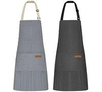 Riqiaqia 2 Pezzi Grembiule da Cucina Bianco 2 Tasche, Taglie Forti Grembiuli da Cuoco Resistenti Macchie Olio Acqua, Cucinare, Servire, Barbecue