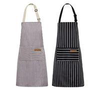 Riqiaqia Grembiuli da Cucina da Cucina 2 pezzi, Grembiule da Cuoco Morbido Regolabile Grembiule da Cucina per Barbecue con 2 Tasche per Uomo Donna (Strisce Marroni/Nere)