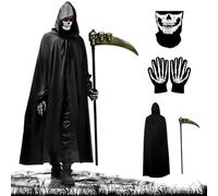 ririess Costume di Halloween per Morte personificata - Set da 4 pezzi con mantello con cappuccio, maschera teschio, falce e guanti - Travestimento orrorifico unisex per adulti e adolescenti (L)