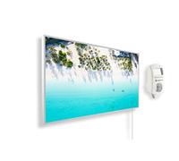 Riscaldatore a infrarossi Könighaus - 800 Watt + termostato smart e APP Könighaus - una stufetta elettrica a basso consumo - Cornice bianca (14. Spiaggia da sogno 1)