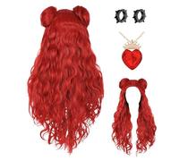 Rise of Red Wig for Girl | Red Wig Costume From Descendantes 4 | Movie Rise of Red Costume Accessory | Long Wavy Red Cosplay Wig with 2 Buns, Necklace and Earrings | for Halloween Christmas Masquerade
