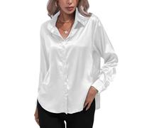 Risipu Camicetta in raso da donna UK a maniche lunghe con bottoni e scollo a V, camicie in seta per lavoro casual, bianco, S