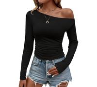 Risipu Camicette da donna casual a maniche lunghe con scollo a barca spalle scoperte slim fit crop top per uscire camicie da notte Y2K camicie strette, Nero , XS