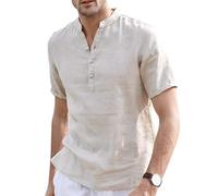 Risipu Camicia da uomo in cotone e lino, casual, a maniche corte, Henley, estiva, traspirante, da spiaggia, cachi, M