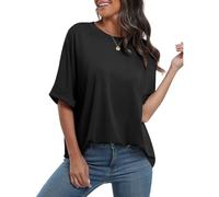 Risipu Maglietta oversize da donna, girocollo a mezza manica, in cotone, vestibilità ampia, tinta unita, estiva, casual, adatta per donne e ragazze, Nero , S