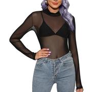 Risipu Top in rete da donna sexy a maniche lunghe top da donna camicetta trasparente trasparente camicie a strati, Nero , M