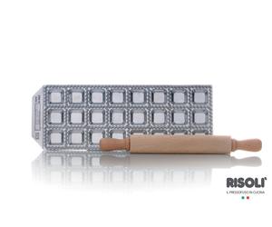 RISOLI FORMA STAMPO 24 RAVIOLI RAVIOLATORE ALLUMINIO LUCIDO E MATTARELLO LEGNO
