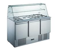 Ristoattrezzature Banco Frigo Saladette espositivo con Vetro dritto e Mensola intermedia - Acciaio Inox - 3 porte - 136,5x70x85h cm