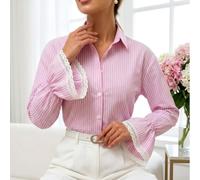 Risveglio Camicetta a righe rosa da donna con dettagli in pizzo manica | Motivo a righe rosa unico, dettagli in pizzo femminile, polsini svasati, vestibilità regolare, look elegante