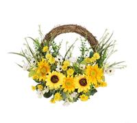 Risveglio Ghirlanda di girasoli artificiali, 45 x 35 cm, composizione floreale realizzata a mano in seta con margherite gialle su base di ramoscello di legno, da appendere alla parete, per porta