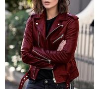 Risveglio Giacca da motociclista da donna in finta pelle, con colletto con risvolto, maniche lunghe, con cerniera, per primavera, autunno, inverno, blu (XXXL rosso vinaccia)