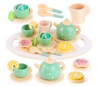 RISVOWO Set da Tè di Legno per Bambini, Set da Tè Giocattoli in Legno, Gioco di Ruolo, Tea Party di Giocare Montessori, Giochi D'Imitazione del Tè Pomeridiano di Giocare Regalo per Bambini 3-7 Anni