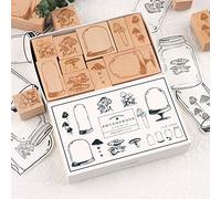 RISYPISY Naturale Legno Timbri in Gomma Set, 10 Pezzi Fungo Timbri e 12 Fogli Carte Stile Bordo, Decorativi Creativi Stamps per Arti e Mestieri, Journaling, Scrapbooks, Creazione di Biglietti