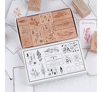 RISYPISY Naturale Legno Timbri in Gomma Set, 10 Pezzi Pianta e Fiore Timbri e 12 Fogli Carte Stile Bordo, Timbri Decorativi Creativi per DIY Crafts, Proiettili, Carte, Borsa Regalo, Scrapbook