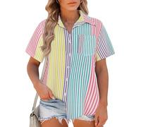 RITERA Camicetta estiva da donna, taglie forti, con bottoni, con risvolto, a maniche corte, casual, con colletto, estiva, leggera, XL-5XL, B02-rainbow Stripe, XXX-Large Più