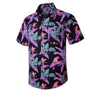 Rithern Camicia Uomo Hawaiana Manica Corta Estiva Camicia Uomo Spiaggia Casual Uccellino Stampa Bottoni con Tasca Frontale Nero & Viola L