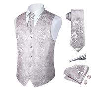 Rithern Gilet da abito uomo Elegante Paisley Floreale Rosa Chiaro Panciotto Uomo Jacquard Cravatta Fazzoletto Set con Gemelli e Fermacravatta Gilet Per Nozze Festa Gilet M