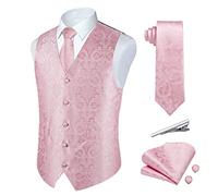 Rithern Gilet Uomo Elegante Paisley Floreale Rosa Nozze Panciotto Uomo Jacquard Cravatta Fazzoletto Set con Gemelli e Fermacravatta Gilet da Abito Per Festa Gilet 2XL