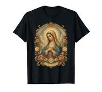 Ritratto devozionale cattolico Floreale di Ave Maria Vergine Maria Maglietta con Stampa Grafica Economica