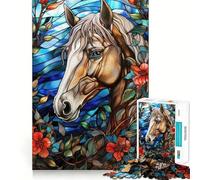 Ritratto di cavallo in vetro colorato con fiori - Puzzle per adulti da 1000 pezzi - Gioco per l'esercizio mentale - Rilassamento - Design - Assemblaggio - Regalo di Babbo Natale 38x52cm