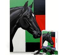 Ritratto di cavallo nero con sfondo geometrico Puzzle per adulti da 1000 pezzi Potere mentale, calma, distrazione, bordi uniformi Arte Regalo di Natale (50x75cm)