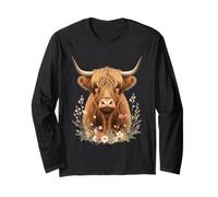 Ritratto di Highland Cow con Elementi Floreali Maglia a Manica
