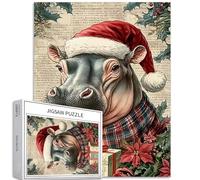 Ritratto di ippopotamo natalizio, 1000 pezzi, puzzle per adulti con sfondo floreale invernale puzzle artistico colorato puzzle fai da te per la decorazione della casa regali puzzle familiare perfetto