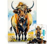 Ritratto di mucca delle Highlands ad acquerello Puzzle da 1000 pezzi Gioco creativo Incastro perfetto,nessun pezzo si stacca Attività per rafforzare i legami familiari (50x75cm)