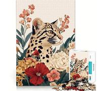 Ritratto di ocelot con composizione floreale, puzzle per ragazzi da 1000 pezzi, rafforza la memoria, momento di pace, qualità, bordo, regalo classico (50x75cm)