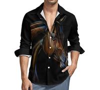 Ritratto di un cavallo arabo camicia casual da uomo a maniche lunghe abbottonata camicie vintage da spiaggia, Stile:, XS