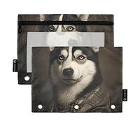 Ritratto dipinto Un bizzarro cane husky nella foto Stile classico pittura a olio Rembrandt Style 3 raccoglitori ad anelli astuccio 2 pz cartelle di file per ufficio esame cerniera borsa di cancelleria
