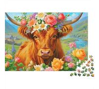 Ritratto mucca floreale spesso, puzzle 1000 pezzi per adulti, mucca delle Highlands, corona di rose, campo, premium robusto alta qualità, vibrante, stimolante difficile, antistress, 70x50cm/1000pz