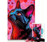 Ritratto stilizzato di gatto con sfondo di cuori, puzzle da 1000 pezzi per adulti, gioco di logica, gioco al chiuso, taglio di precisione, regalo prezioso 38x26cm