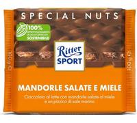 Ritter Sport Mandorle Salate e Miele, Cioccolato al Latte, 100 g | Mandorle tostate e salate con rivestimento al miele, cacao 100% certificato sostenibile