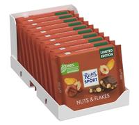 Ritter Sport Nuts & Flakes, Tavoletta di Cioccolato al Latte con Nocciole Tostate Intere e Fiocchi di Mais, Cacao 100% Certificato Sostenibile, 10 Pezzi da 100 g