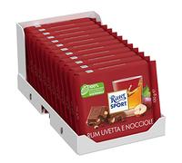 RITTER SPORT Rum Uvetta Nocciole, Tavoletta di Cioccolato Al Latte Con Uvetta Al Rum e Granella di Nocciole, 12 Pezzi da 100 g