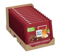 RITTER SPORT Rum Uvetta Nocciole, Tavoletta di Cioccolato Al Latte Con Uvetta Al Rum e Granella di Nocciole, 12 Pezzi da 100 g