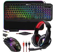 Ritz Gear Kit accessori da gioco RGB | 4 in 1 Rainbow LED Backlight Bundle PC Combo con tastiera multimediale, mouse ottico, mouse pad mouse e auricolare wadattatore | per Windows 7+ desktop,