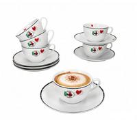 Ritzenhoff & Breker Caffee Amore - Set di 12 tazzine da cappuccino con piattino, 200 ml, in porcellana, 6 persone, decorazione a forma di cuore con bandiera italiana e bordo nero, per cappuccino