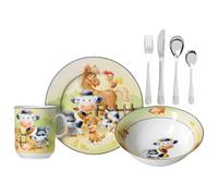 Ritzenhoff & Breker Set di stoviglie per bambini, 3 pezzi, con posate | piatto, ciotola, bicchiere, forchetta, coltello e 2 cucchiai, animali della fattoria, porcellana, acciaio inox, colorato