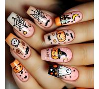 Riutilizzabile Halloween Falso Lunghezza Forma Quadrata Zucca Ragnatela Arte ABS Premere sulle Unghie Per Feste in Costume ABS Scheletro Press Ons Spettrale Halloween Nail Designs