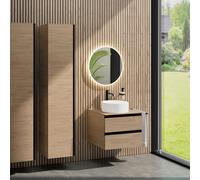 rivea Dia mobile La: 60 cm con 2 scomparti estraibili, lavabo Ø 38 cm bianco opaco, con specchio illuminato Kanya, BR0535WM+BR0031SO+BR0001SO+BR2026MI, Dia [Mobili da Bagno > Set Mobili da Bagno]