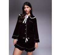 River Island - Pigiama in velluto viola scuro con volant sul colletto L