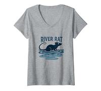 River Rat: Arte della Fauna Selvatica Vintage per Gli Amanti della Natura Maglietta con Collo a V, Donna, Grigio Melange, L