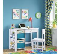 RiverRidge Set sedia e scrivania per bambini con cubbies, 2 contenitori pieghevoli in tessuto turchese, cassetto e libreria, tavolo artistico per camera da letto