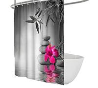 RIVINE Tenda da doccia spa in bianco e nero Set Zen Stone Green Bambù viola Fiore di loto riflesso in acqua Bagno Vasca da bagno Home Decor W100xL160cm