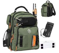 RIVOCK Zaino per attrezzatura da pesca, porta canna, 2 scatole per attrezzature, sacca idrica, tasca termica termica, borsa da campeggio da 35 l, borsa da trekking | attrezzatura e attrezzatura da