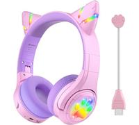 Riwbox CF9 - Cuffie Bluetooth per bambini, con orecchie di gatto, LED, microfono ad asta e integrato, volume fino a 85 dB, cuffie wireless e cablate