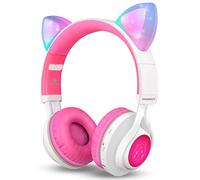 Riwbox CT-7 Cuffie Bluetooth con orecchie di gatto che si illuminano con luce LED, wireless, pieghevoli, con microfono e controllo del volume, per Phone/iPad/smartphone/Laptop/PC/TV White&Pink