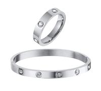 RIXERKOC Parure Gioielli Donna Anello Oro e Bracciali Donna Bracciale Rigido Donna, Bracciale in acciaio inox con zirconi Anello per le Nocche regalo di compleanno, matrimonio, San Valentino